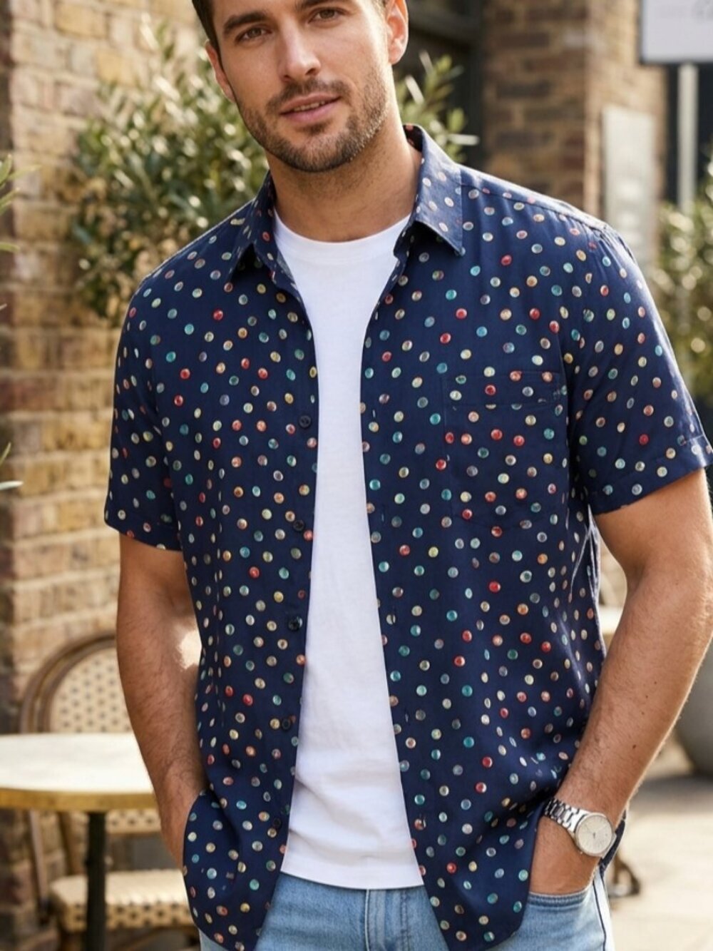 Summa Silk Men's Size Large Bubble Print Short Sleeve Button Down Shirt Casual